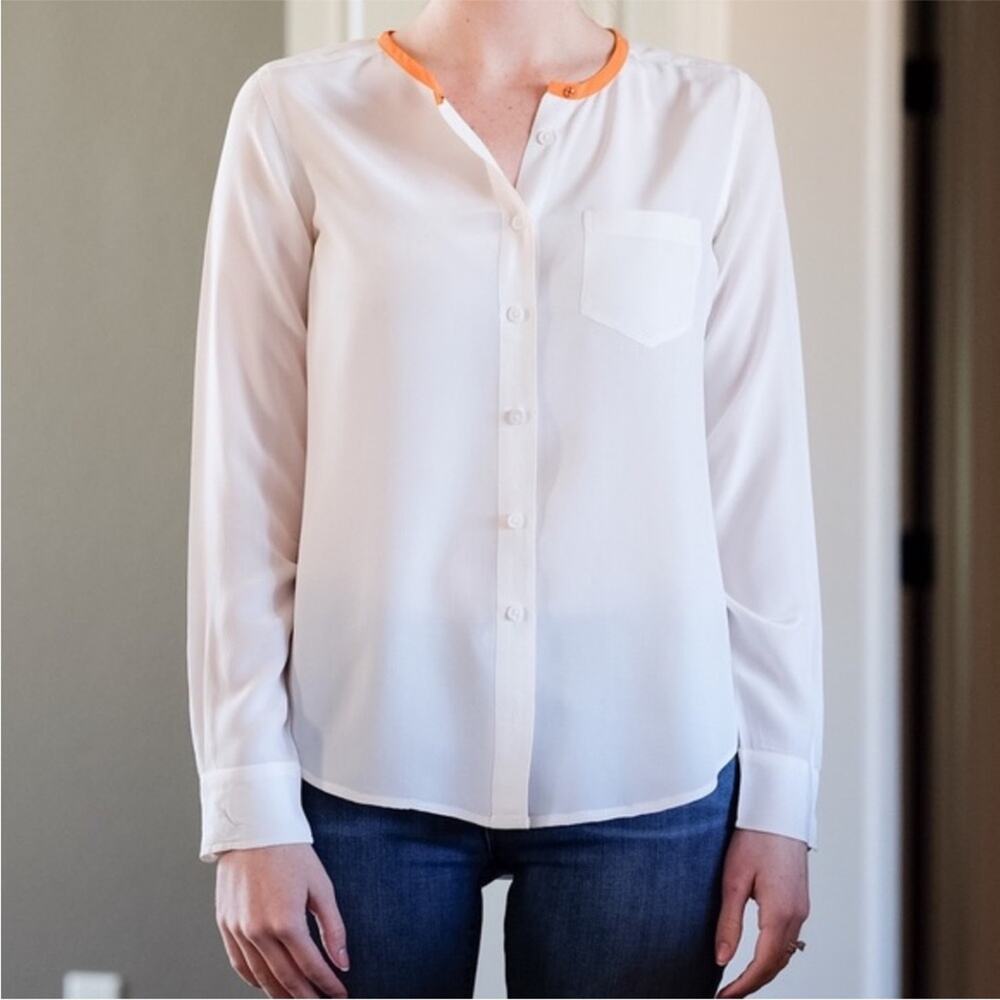 Equipment Femme | Women’s 100% Silk Cream & Orange Button Down Blouse Shirt Top